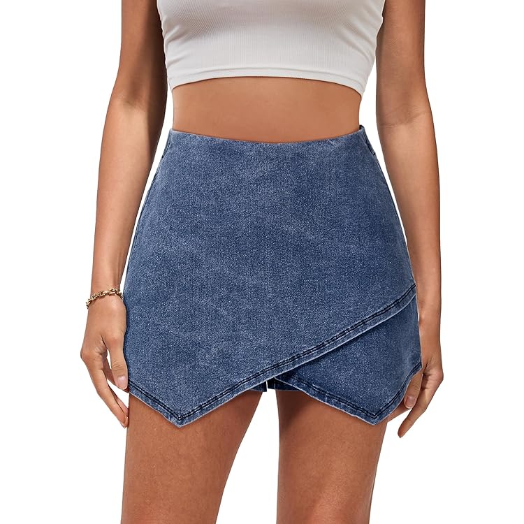 Jean Skorts for Woman High Waisted Pull On Stretchy Denim Wrap Skirt with Shorts Trendy Asymmetrical Skort