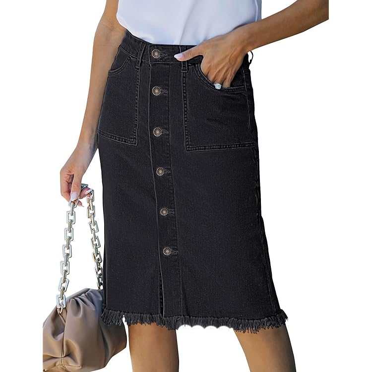 Women's Casual Mid Rise Button Down Frayed Raw Hem Denim Jean Midi Skirt